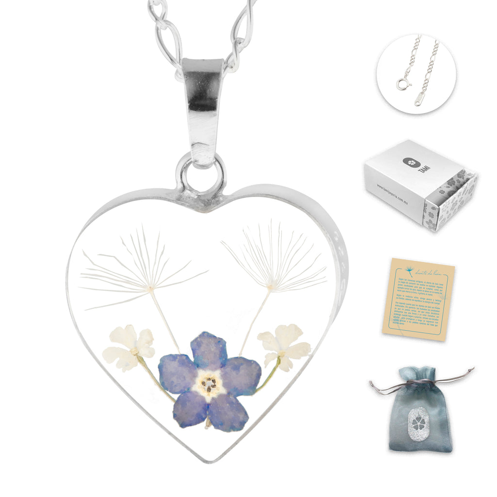 Collar Corazón con Diente de León y Nomeolvides en Plata 925
