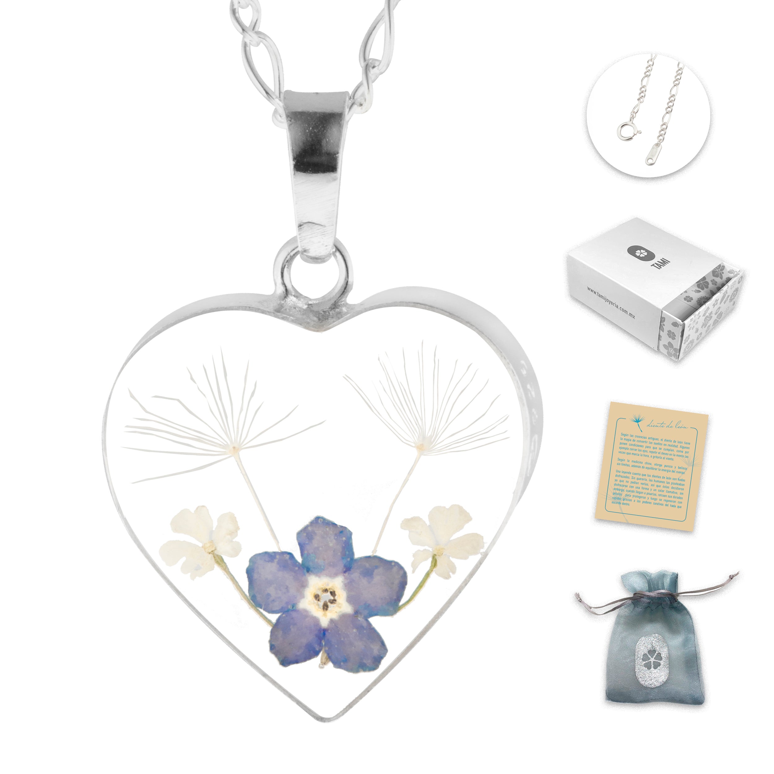 Collar Corazón con Diente de León y Nomeolvides en Plata 925