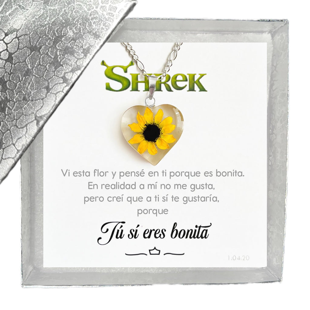 Collar Girasol en Plata con Tarjeta Inspirada en Película Shrek "Tú sí eres bonita"