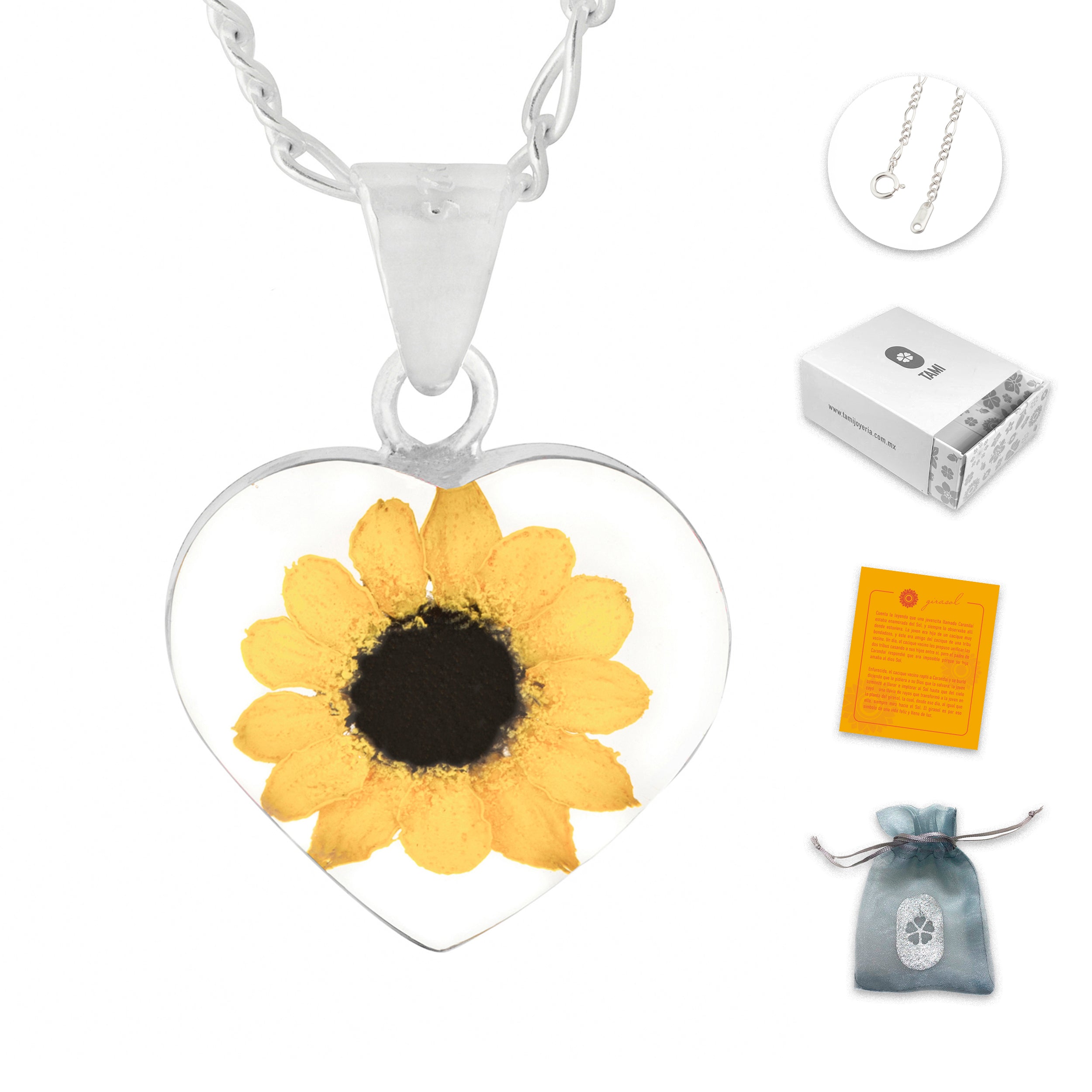 Collar Girasol en Plata con Tarjeta Inspirada en Película Shrek "Tú sí eres bonita"