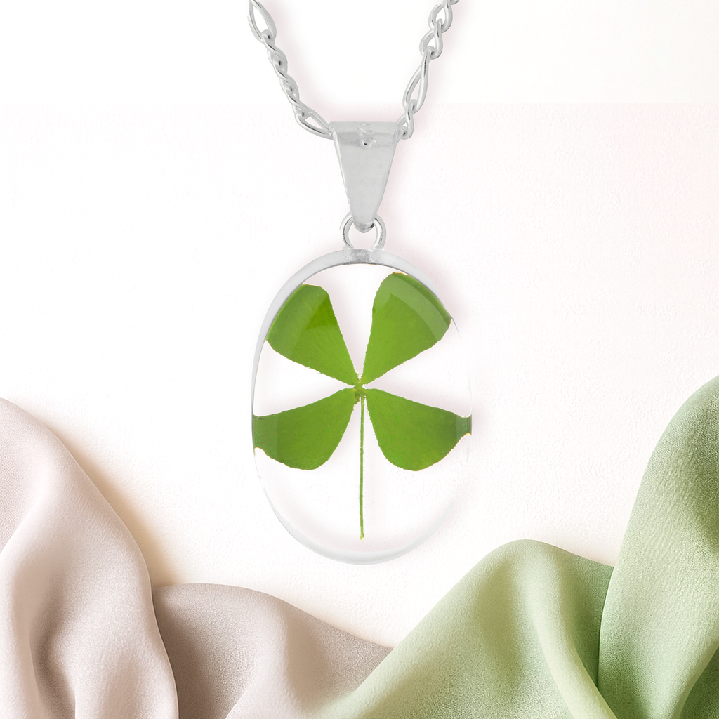 Collar con Trebol de 4 Hojas Natural en Plata 925 - Amuleto de Protección Personal, de la Buena Suerte y Dinero