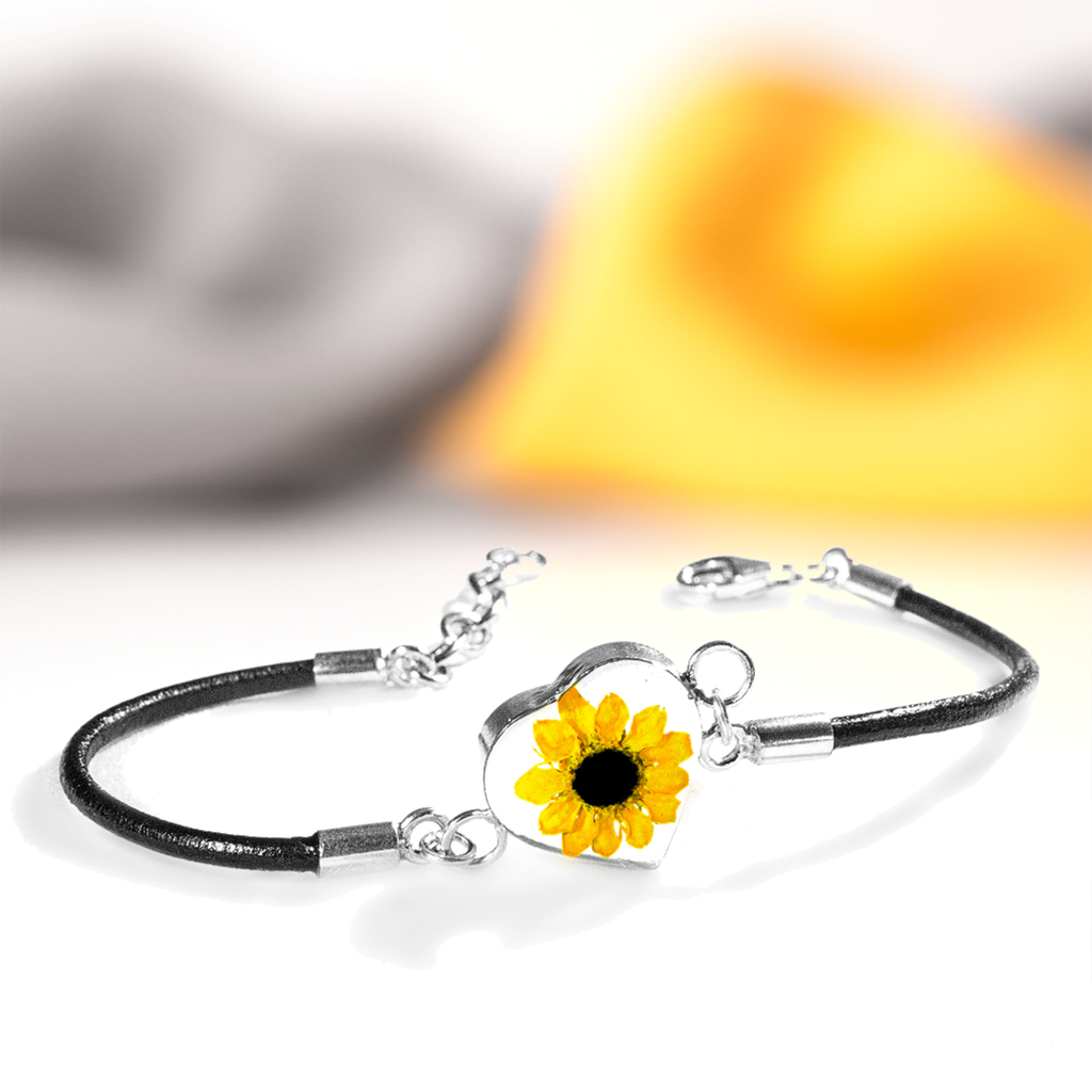 Pulsera Corazón de Girasol en Plata 925 con Cuero Negro